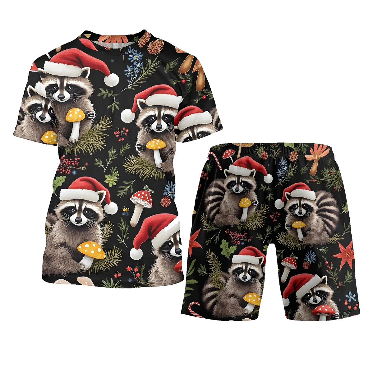 

Men T-shirt Shorts Set Christmas Raccoon Pattern Streetwear Y2K 3D Printed Summer Casual Tops Hawaiian T Shirt Overfit Shorts