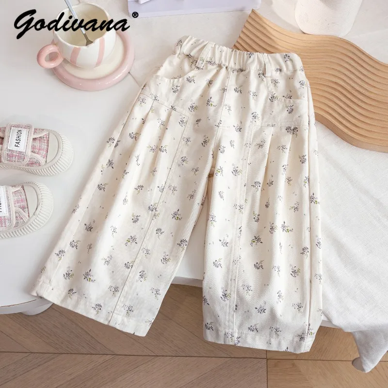 

Little Girls Pants New 2026 Spring and Summer Fashion Baby's Loose Casual Wide-leg Straight Floral Pants Cute Kids Capris