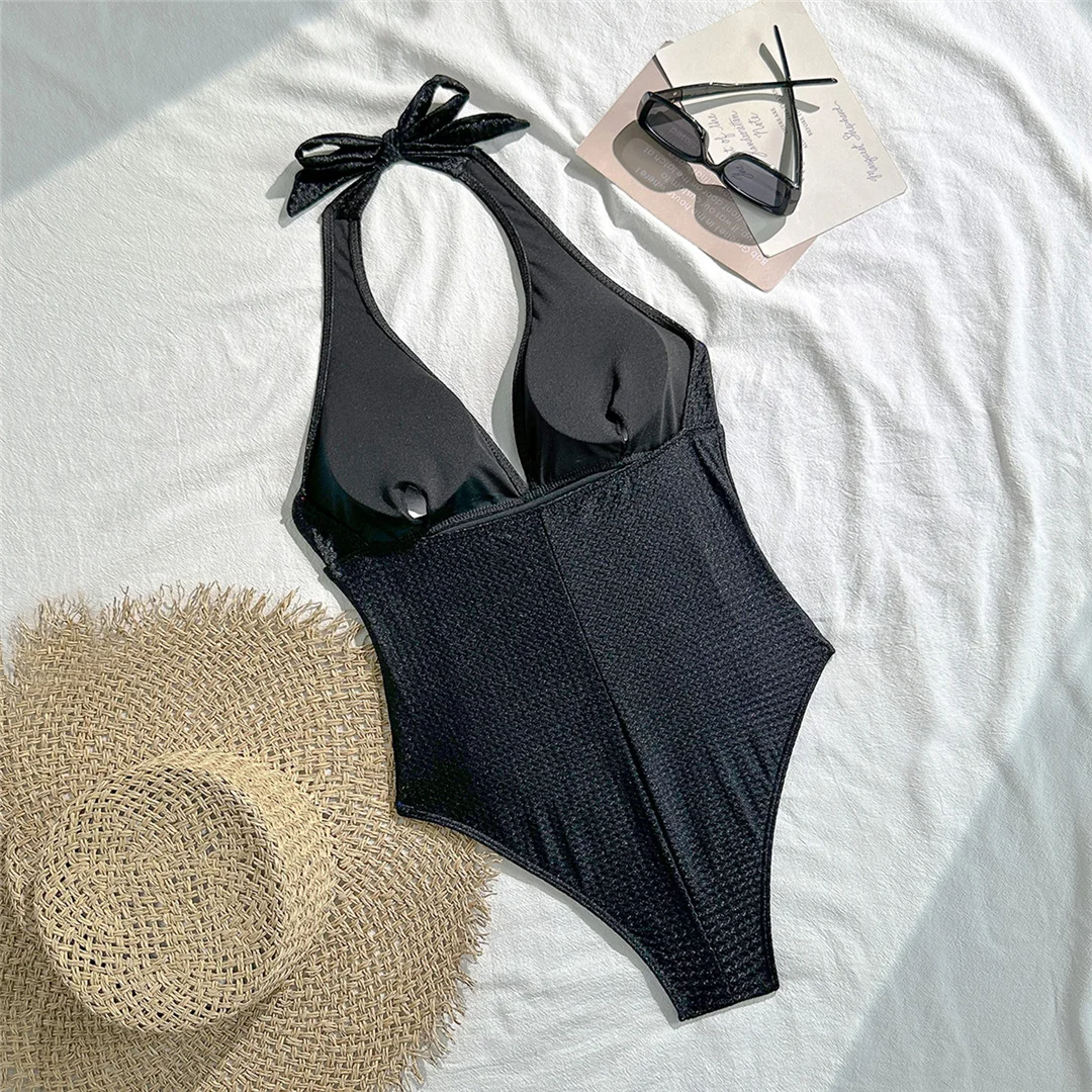 V-Ausschnitt, Neckholder, geraffter Einteiler-Badeanzug, Damen-Bademode, rückenfreier Monokini, hoher Beinausschnitt, Badeanzug, Badebekleidung, V7568 – Detail 20