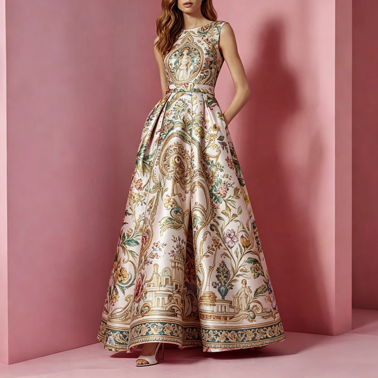 

Sleeveless A-line Satin Maxi Evening Dress Women Vintage Floral Print Formal Gown For Wedding Guest Prom Cocktail Party Vestido