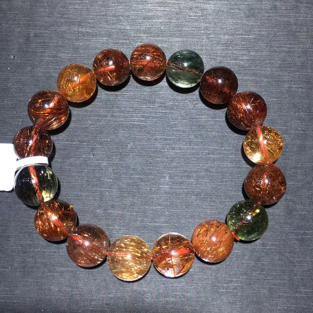 

Natural Copper Rutilated Quartz Beads Bracelet Crystal Round Beads 12.3mm Green Rutilated Women Man Bracelet AAAAAA