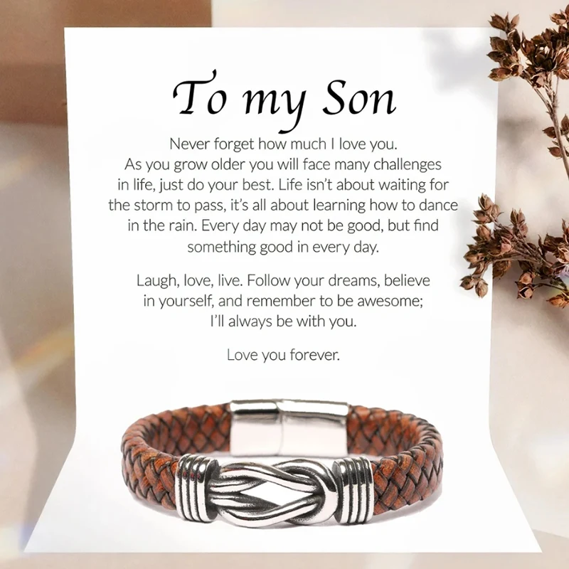 

16th 18th 21st Birthday Gifts for Boys, Personalized Knot Bracelet for Men Custom to My Son Forever Linked Leather Bracelet