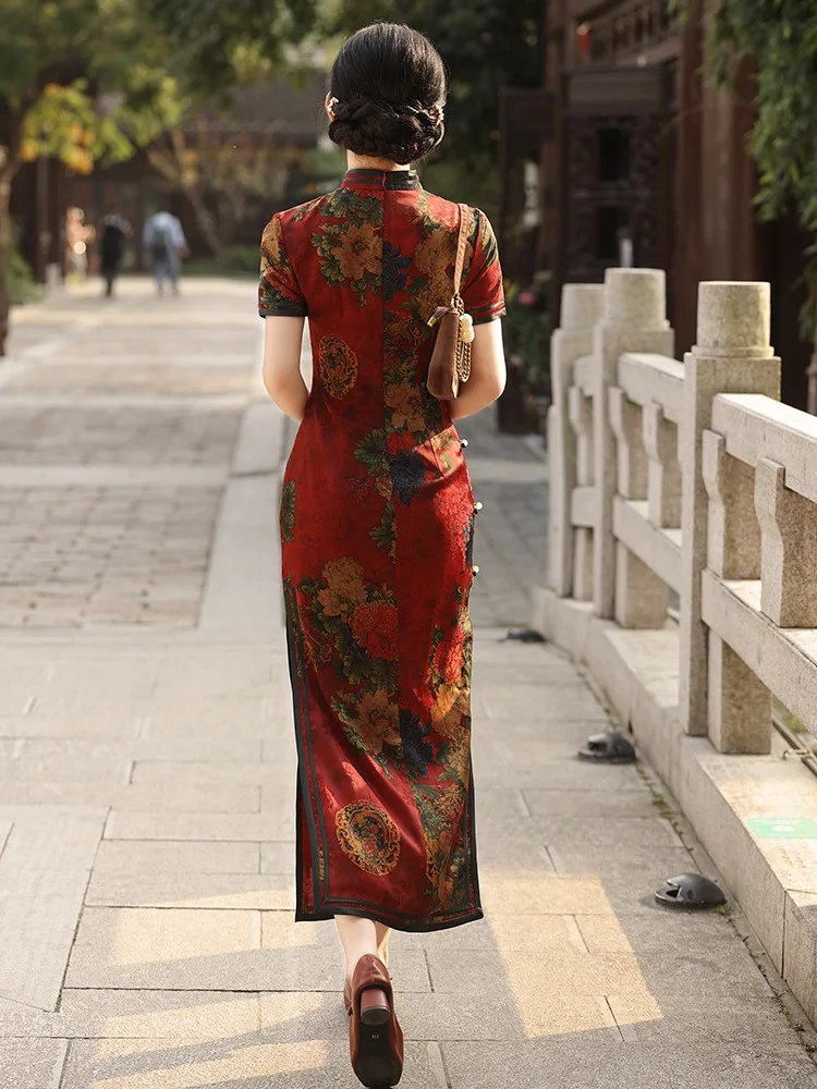 Vestido vintage de verão para mulheres, flor, vestido sexy, cheongsam tradicional chinês, gola mandarim clássica, vestido de noite