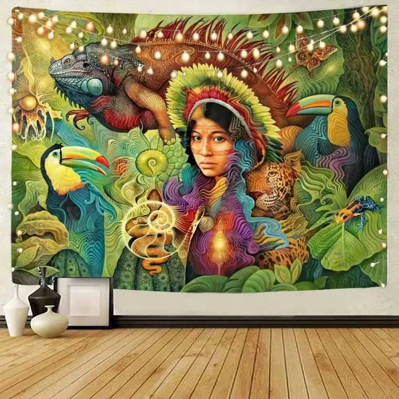 VIKAMA Psychedelic Tribal Jungle Wall Tapestry Rainforest Jaguar Toucan Art for Bedroom Living Room Hippie Boho Room Decor