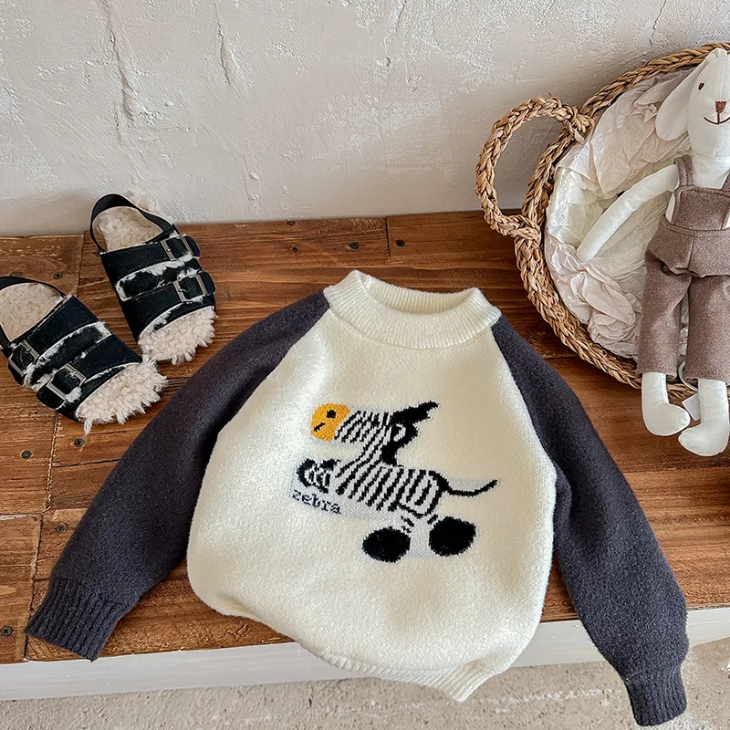 Contrasting Color Round Collar Baby Boy Sweaters for Kids Boys Cartoon Zebra Pattern Student Knitting Patchwork Pullover IY12112