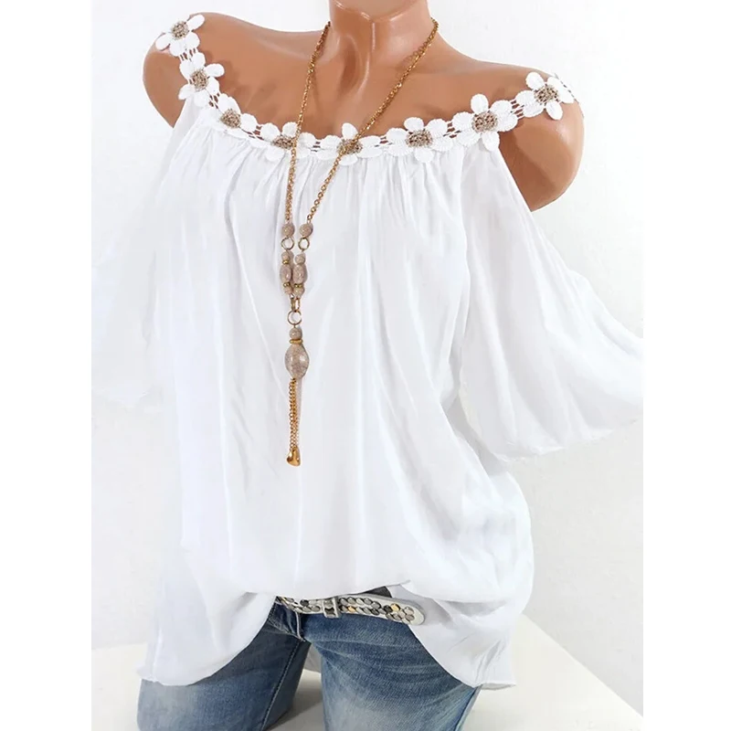

Fashion Women Off Shoulder Blouse with Lace Flower Summer Short Sleeve O-neck Shirt Sexy Loose Lady Top Casual Clothes 24933