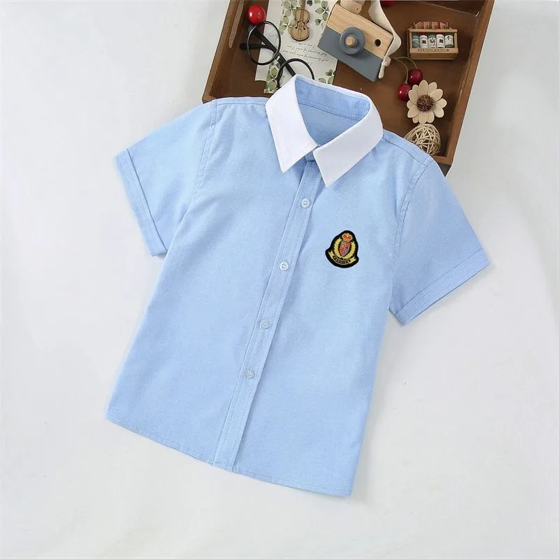 Kids Summer School Uniform Blue White Collared Short Sleeve Shirt Primary School Uniforms For Boys Girls