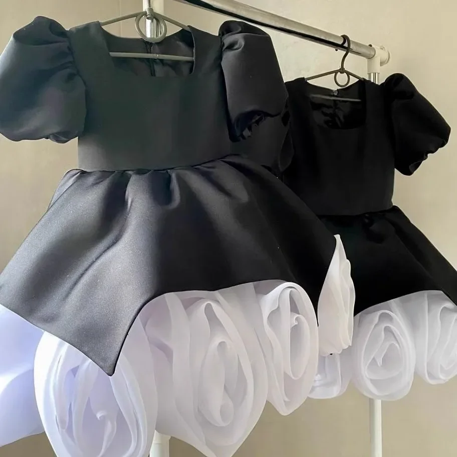 Flower Flower Girl Dress Puff Girls Party Dresses for Wedding Short Sleeves Satin Kids Christmas Ceremonial Dress Customized