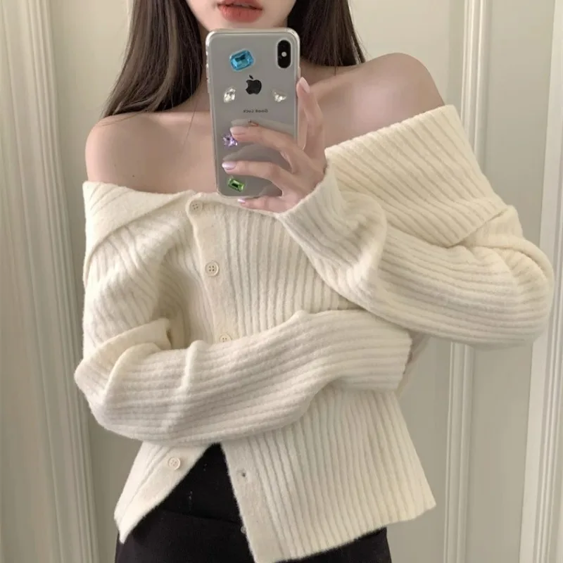 Women Sexy Off Shoulder Chic Sweet Y2K Asymmetrical Rib Knitted Sweater Korean Fashion Casual Solid Slim Long Sleeve Outerwears