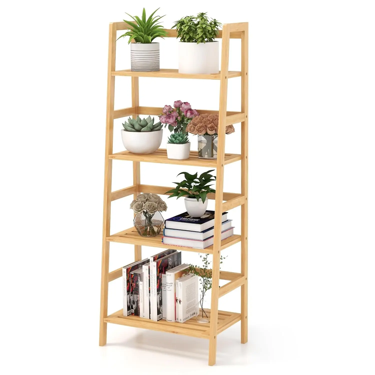 

4 Tier Bamboo Bookshelf Freestanding Display Plant Shelf Ladder Bedroom Living Room Office Small Space,Customized