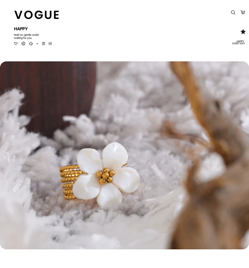 Yhpup Thicker Natural Shell Flower Open Gold Color Ring Fashion Stainless Steel Stylish Exquisite Waterproof Finger Jewelry
