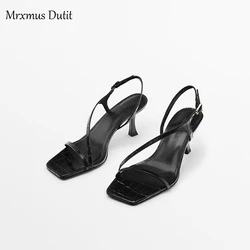 Mrxmus Dutit 2023 New Summer Fashion Genuine Leather One Word Belt Stiletto High Heel Shoes Women Solid Simple Casual Sandal