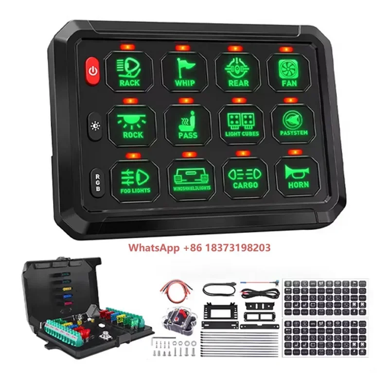 RGB 12 Gang 12V 80A Max Aluminum CarPlay Switch Panel Circuit Control Relay System Box for Truck/RV/Offroad Vehicles 1 Year