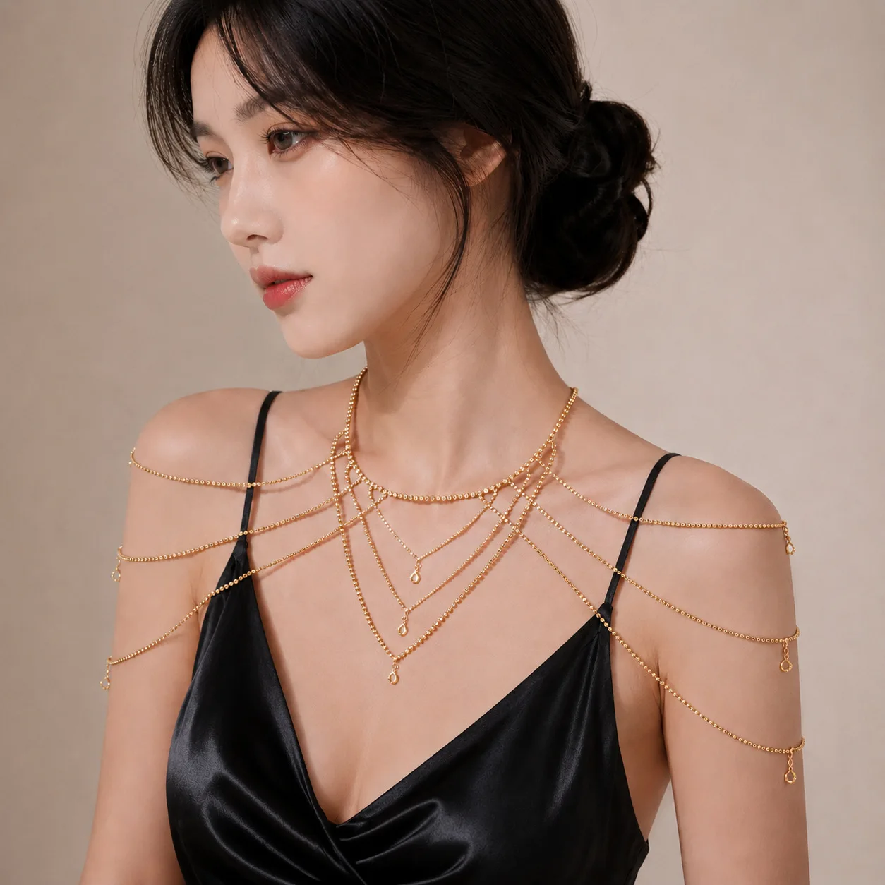 Elegant Gold Shoulder Chain Harness Layered Draping Body Jewelry Set Belt Accent For Evening Gown Nightclub Party Outfit