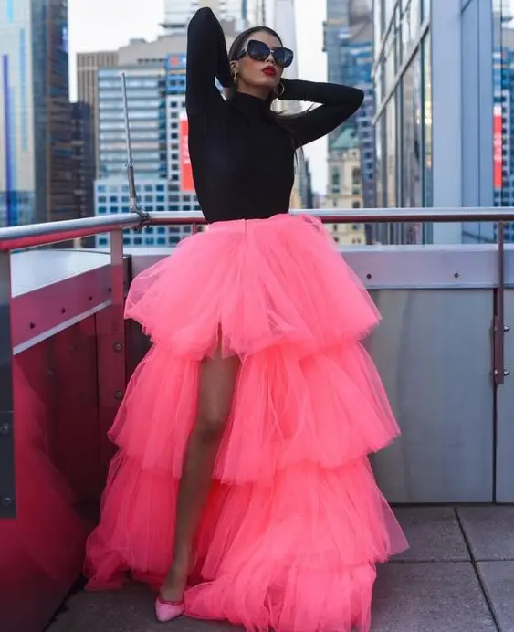 High Street Hot Pink Tiered Tulle Skirts Asymmetrical Puffy Tutu Tulle Long Maxi Skirts Custom Made Female Skirt