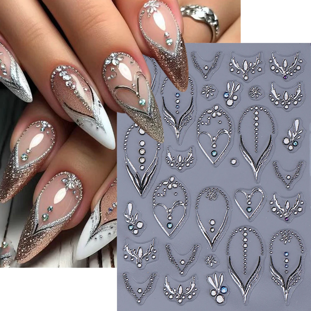 1pc 3D French Rhinestone Nail Stickers Luxury Silver Heart & Necklace Pattern Nail Decals Geometric Circle Totem Nail Supplies *