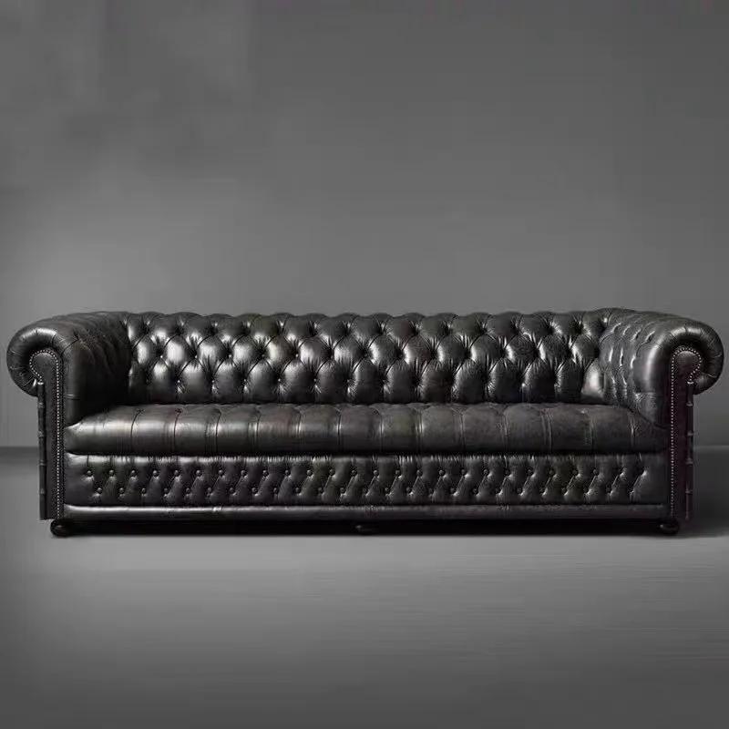 F060 American Style Light Luxury Black Brown Genuine Leather Living Room Office bar Nightclub Cowhide Solid Wood Sectional Sofa