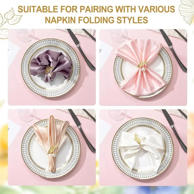 Gold Napkin Ring Set Of 12-Metal Wheat Ear Pearl Shaped For Family Dinner, Wedding, Party