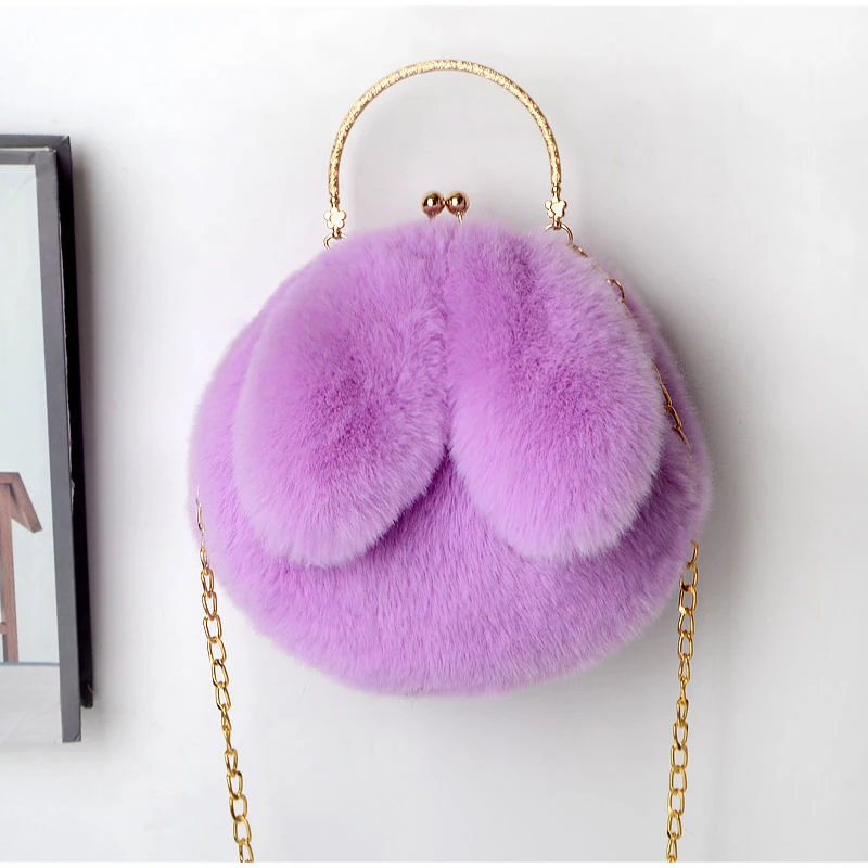 Weiche, flauschige Plüsch-Handtasche mit Henkel, niedliche Umhängetasche mit Hasenohren und Kette, warme Winter-Clutch, leichte Handytasche – Detail 19