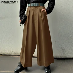 2024 Men Wide Leg Pants Solid Color Pleated Loose Joggers Button Trousers Men Streetwear Pockets Fashion Casual Pants INCERUN