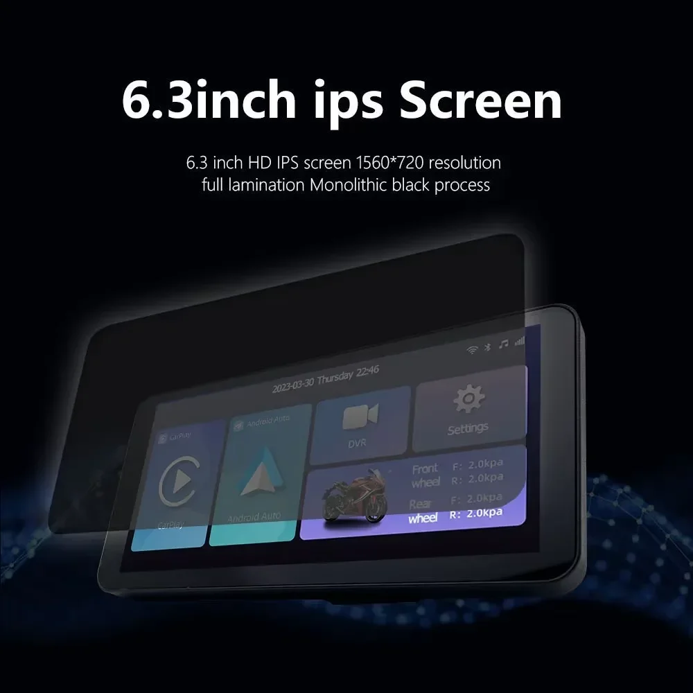 6.3インチタッチスクリーン搭載、ワイヤレスAndroid Auto対応、IP67防水、バイク用内蔵DVR付きポータブルバイク用CarPlay