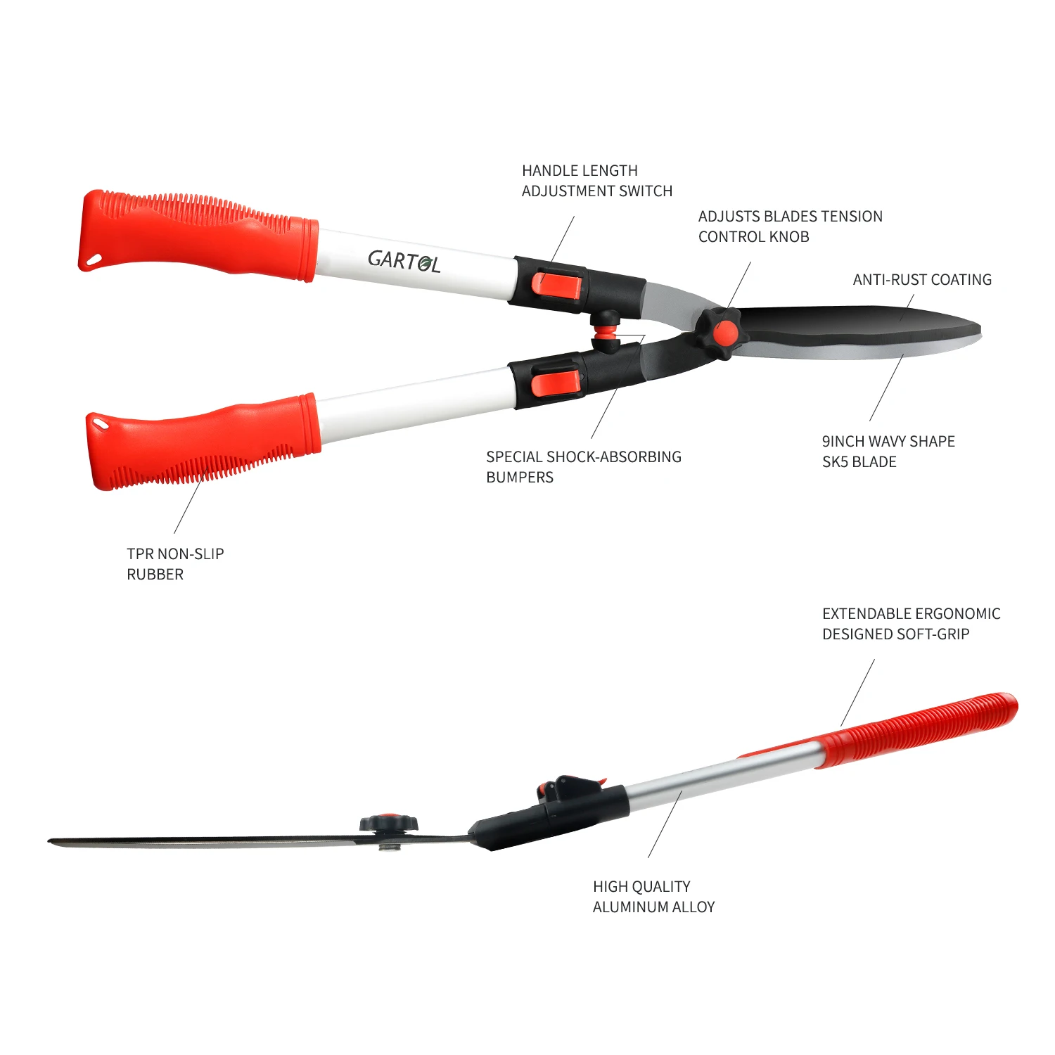 Extendable Handle Hedge Shears With Adjustable Length Handle 9inch Wavy Blade