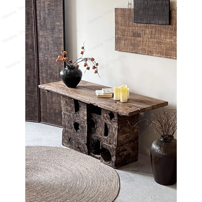Wabi-sabi wind entrance table decoration desk edge a few logs retro old solid wood entry strip case living room bed