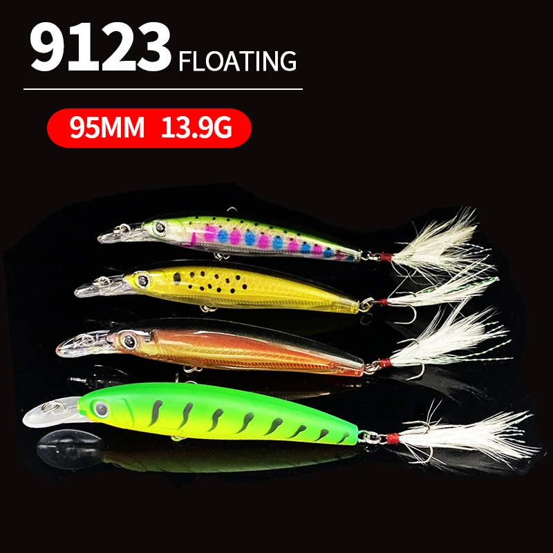 

14g 95mm Bionic Floating Minnow Fishing Lure Artificial Wobblers Hard Bait Pesca with Feather Treble Hook Swimbait Accessories