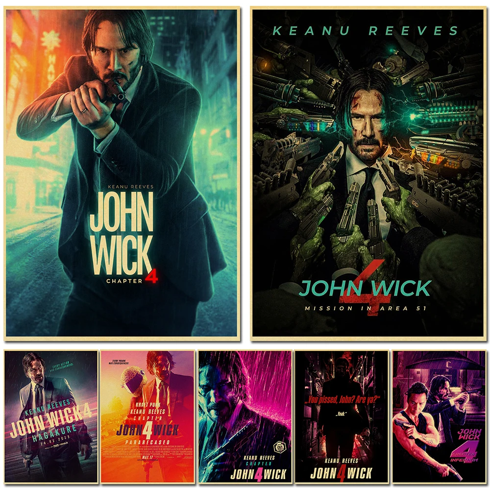 John Wick Chapter 4 Movie Retro Poster Vintage Art Print Kraft Paper Posters Home Bar Cafe Room Decor Art Wall Painting