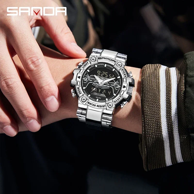 SANDA Outdoor Sports Military Men Electron Watches Waterproof LED Digital Dual Display Quartz Clock Stopwatch Relogios Masculino