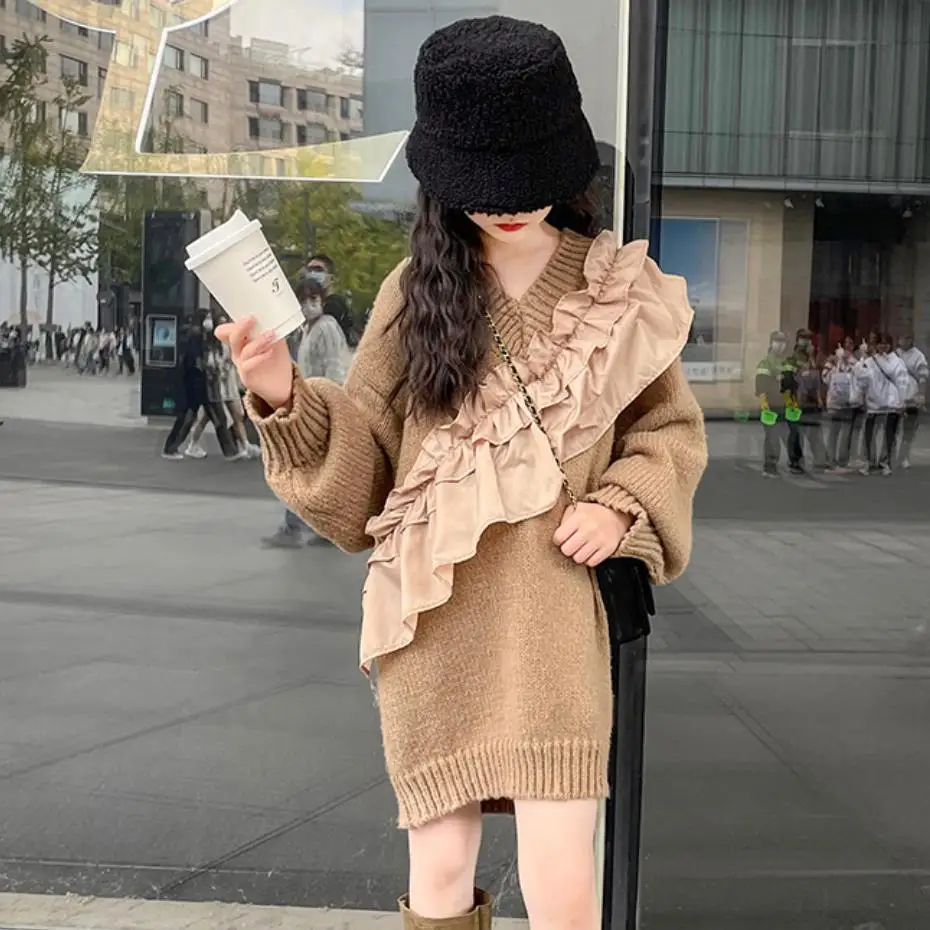 

Korean Style Sweater Baby Girl Ruffles Patchwork Knitting Tops Children Spring Autumn New Fashion Sweater Kids Knitting Wz980