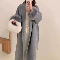 2024 Autumn Winter New Bathrobe Double-sided Cashmere Coat Women Fox Fur Cuffs Long Woolen Coat Real Fox Fur Jacket Female