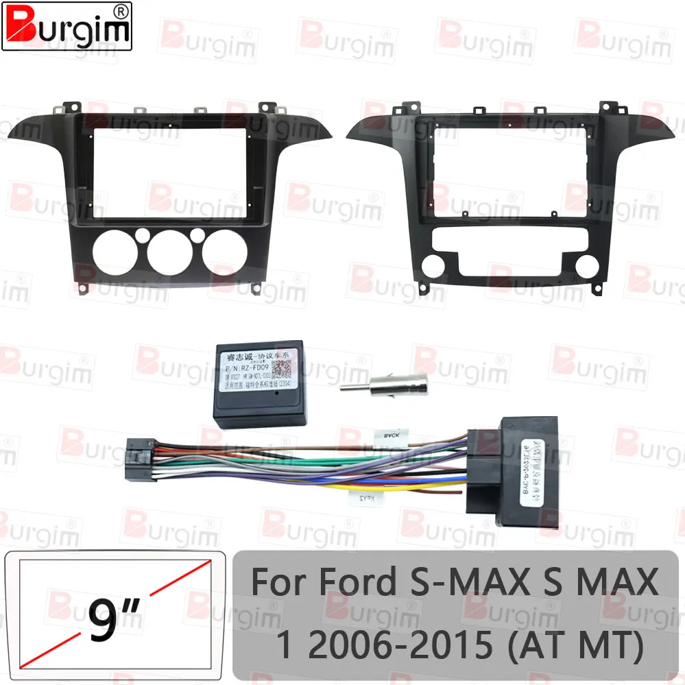 Burgim Car Android Radio Frame For Ford S-MAX S MAX 1 2006-2015 9 inch 2DIN Fascia Stereo Panel 16PIN Audio Harness Wire Canbus