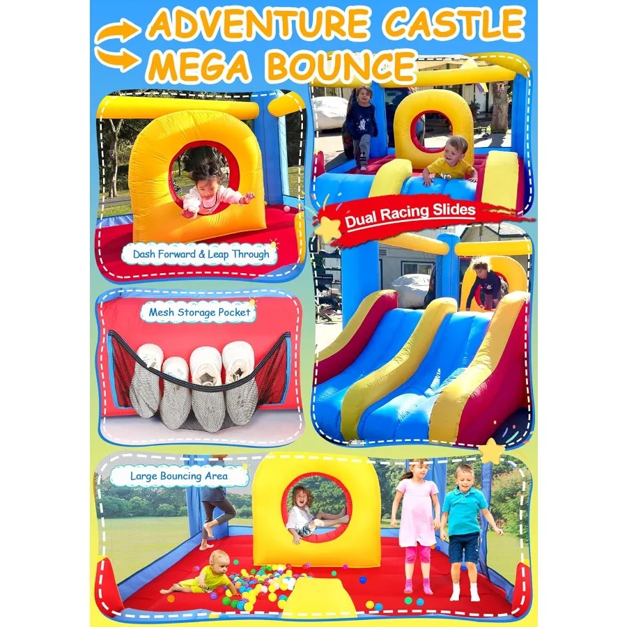 บ้านลมเป่าลมพร้อมสไลเดอร์แข่งรถคู่แบบยกสูงสำหรับเด็กอายุ 3-6 ปี พร้อมห่วงกระโดด ปราสาทลมเป่าลมขนาดใหญ่พร้อมเครื่องกีดขวาง