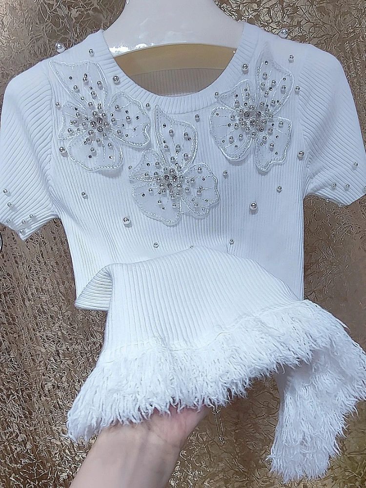 Plus Size 3D Flower Ice Silk Knitted Top Women Summer New High Quality Beaded Water Diamond Tassel Slim Elegant Commuter T-Shirt