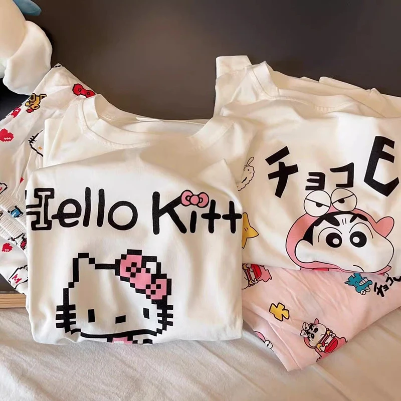 

Kawaii Sanrio Hello Kitty Pajamas Female Cotton Summer Days Cartoon Students Round Neck Short-Sleeved Long Pants Homewear Suit