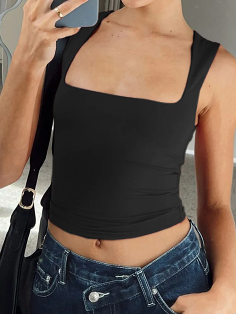 Sleeveless  Collar Crop Top Women Tank Tops Casual   Y2K  Summer 2024  Black T Shirts Sexy