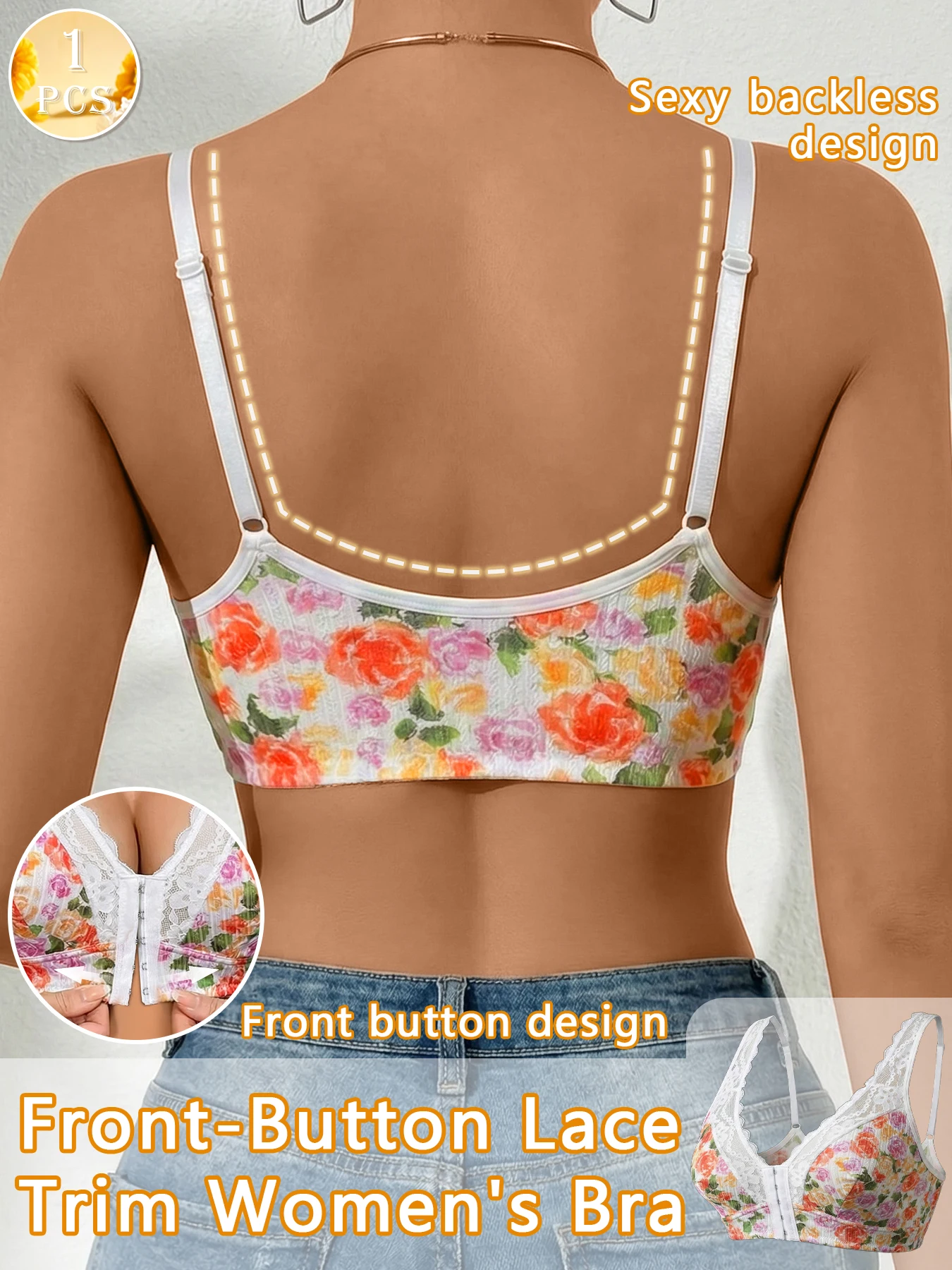 1pc Women's Floral Print Wireless Bra, Lace Trim Adjustable Straps Front Closure Comfort Bralette (S-XXL) image 2