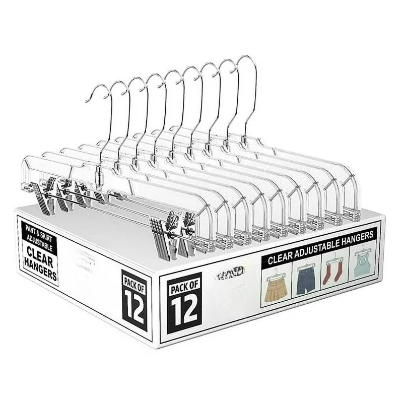 

12 Pack 14" Clear Skirt Hangers with Adjustable Clips, Non-Slip Plastic Pant Hangers, Slim Clip for Pants, Skirts, Shorts