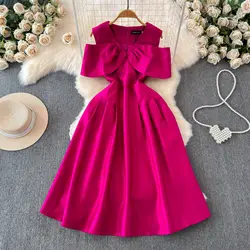 Summer Evening Prom Long Dresses Women Formal Occasions Off Shoulder Solid Bow Empire Birthday Wedding A-Line Party Vestidos