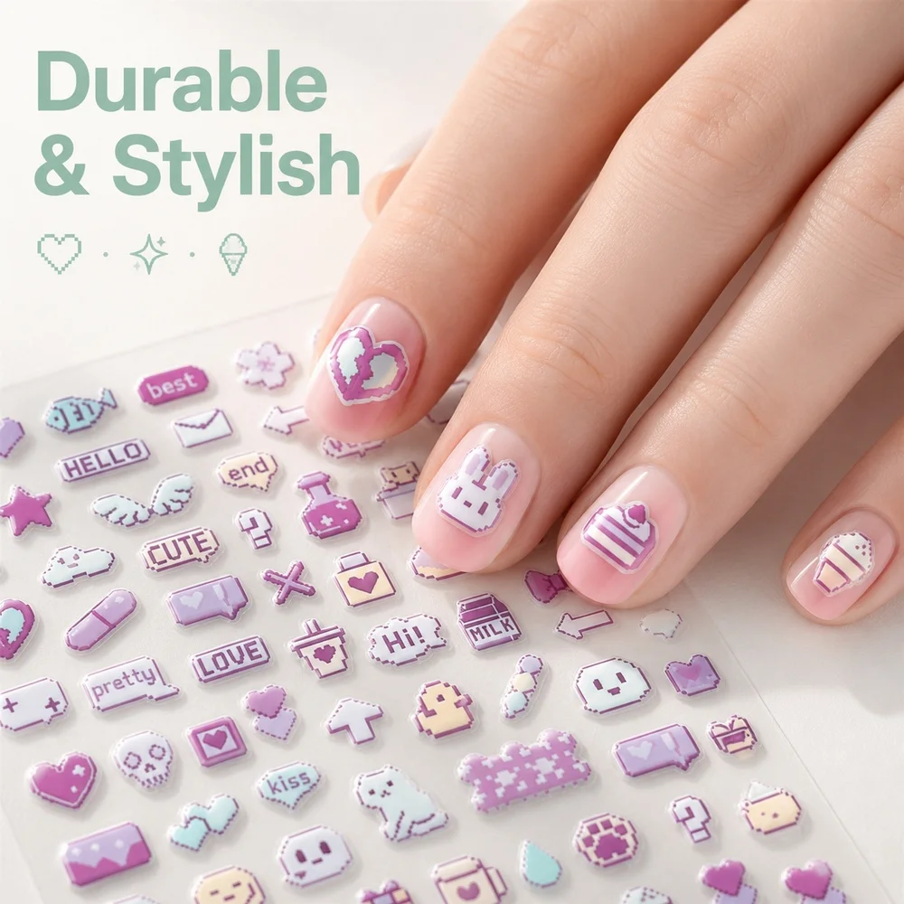 1Pc Y2K Pixel Embossed Nail Decals Sweet‑Cool Cartoon Rabbit Cat Heart Bow Design Adhesive Stickers For Handmade Nail Art Work