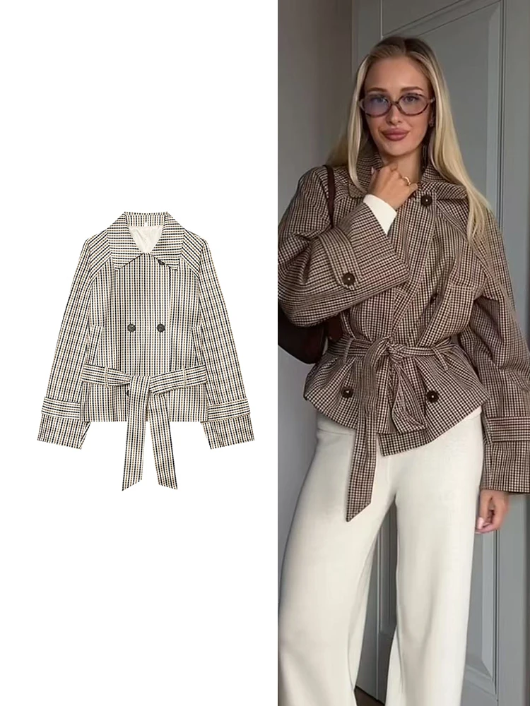 TFMLN Women's Trench Coats Double Breasted Belt Waist Cinching Plaid Cropped Jackets Vintage Chic Outerwears Autumn Female New