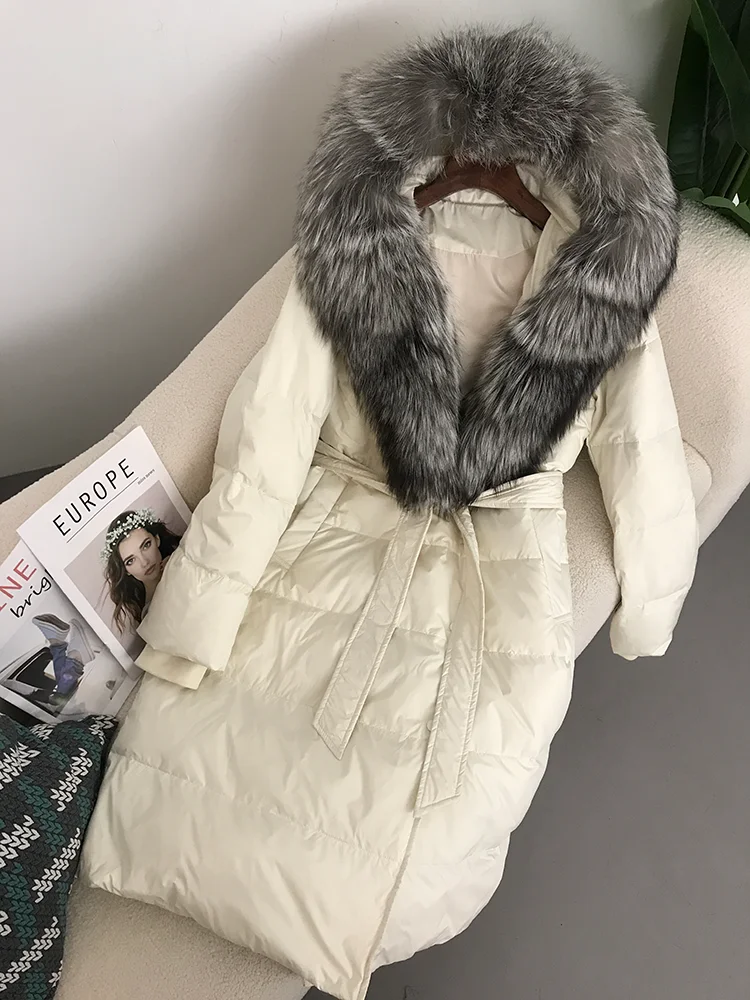 

2025 New Women Real Fox Fur Collar Belt Outerwear Streetwear Loose Natural Thick Warm 90% Duck Down Coat Long Winter Jacket