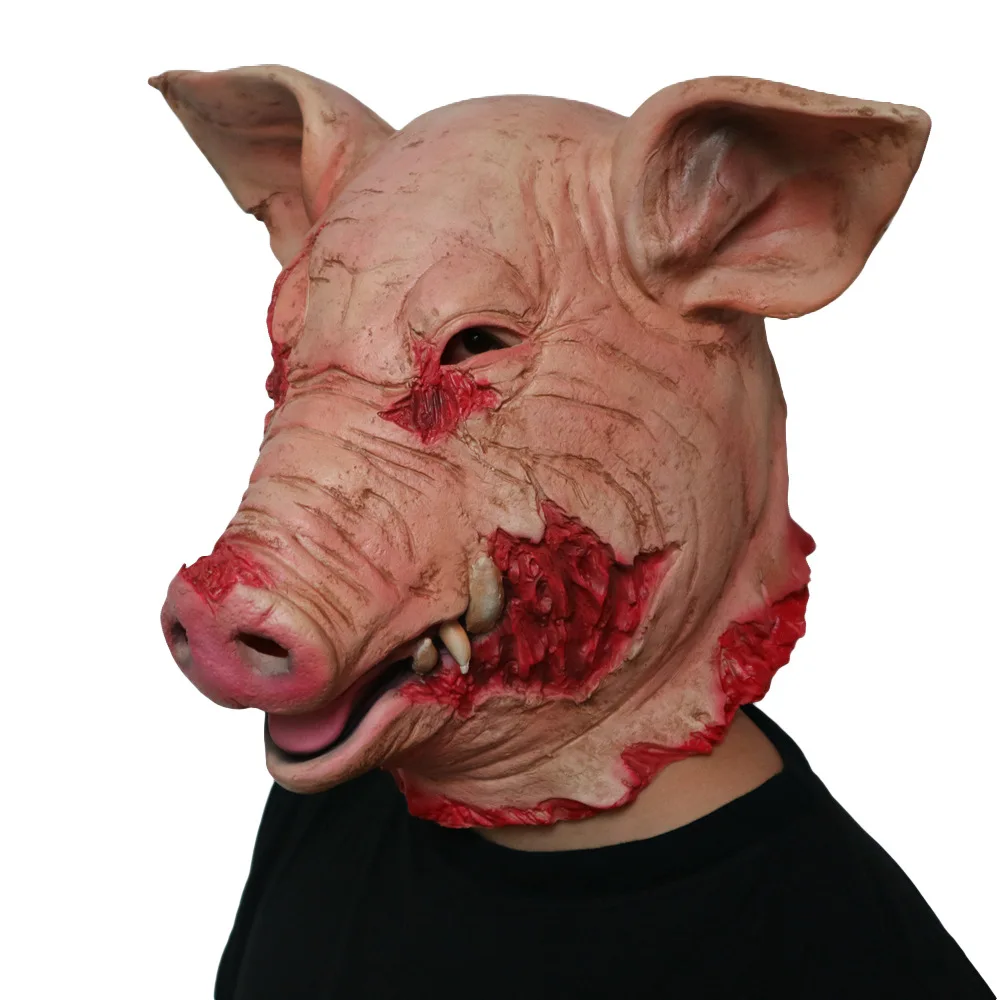 Hot Halloween Horror Saw Pig Head Mask Role Playing Party Horror Bloody Animal Mask Carnival Adult Horror Costume Headset Latex