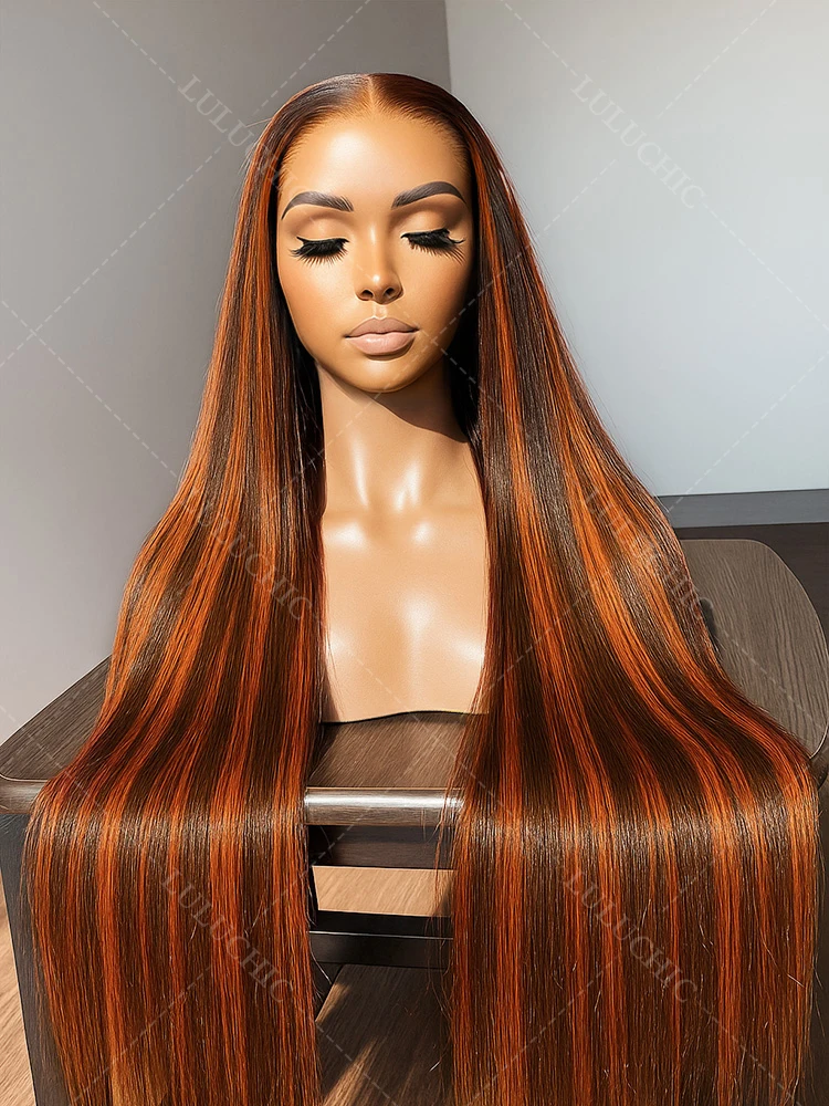 

Простота установки # 4/350 Рыжий с коричневым прямым париком Обновление 5x5 Бесклеевые готовые к ношению бразильские предварительно выщипанные парики из человеческих волос