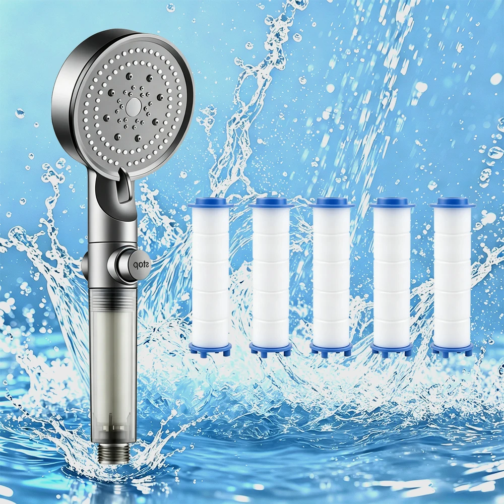 Premium Grey Handheld Shower Head with Instant Stop Button High Pressure Filtered Nozzle Includes 5pcs Removal Cartridges