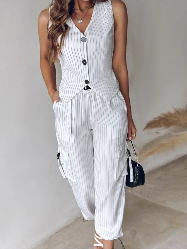 Fashion Striped Print Vest Suit For Women New Summer Casual V-neck Button Top Pocket Loose Pants Outfits 2-piece Set Office Lady