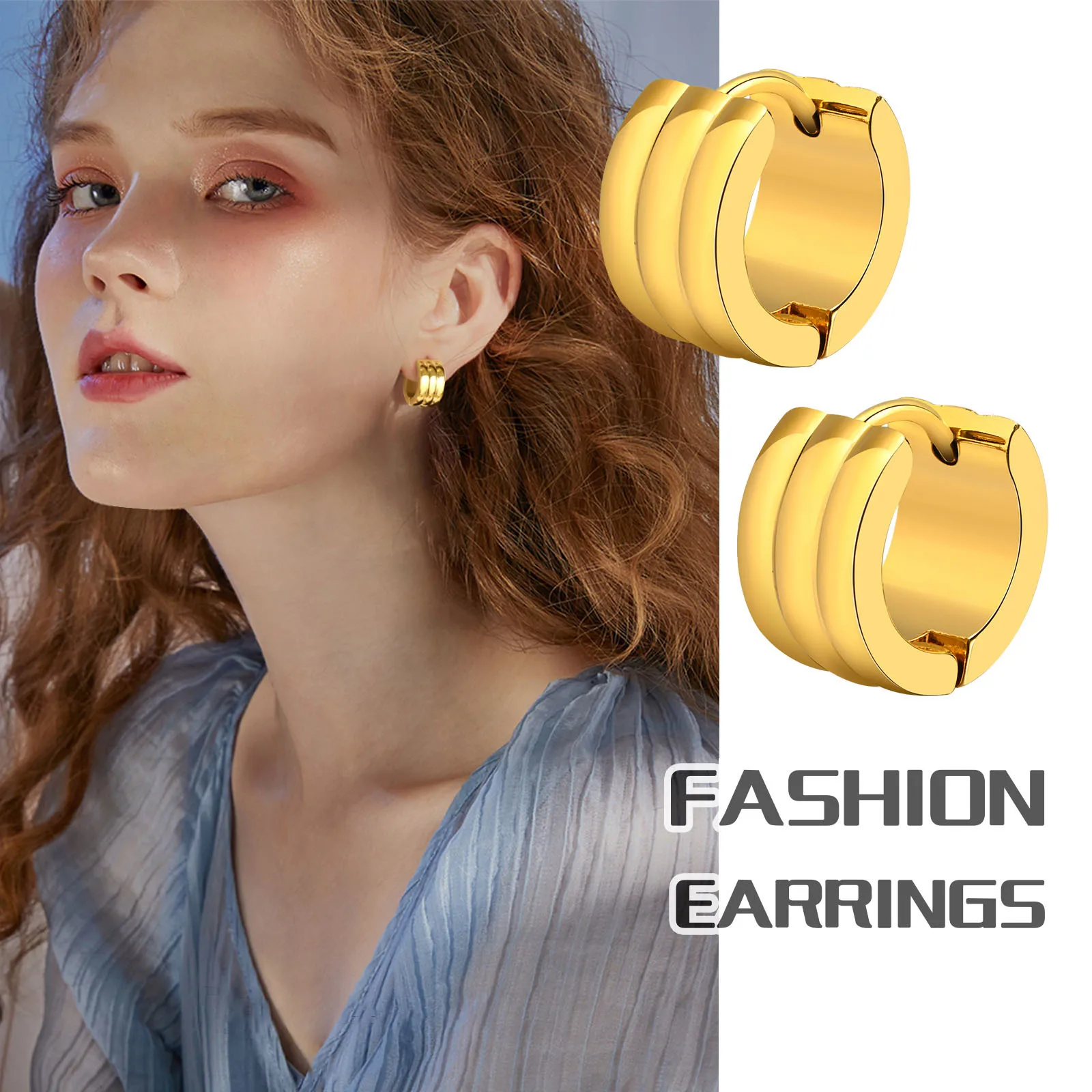 SKU Women Girls Trendy Stainless Steel Arc Hoop Earrings, Dainty Gold Plated Simple Female Geometric Ear Jewelry