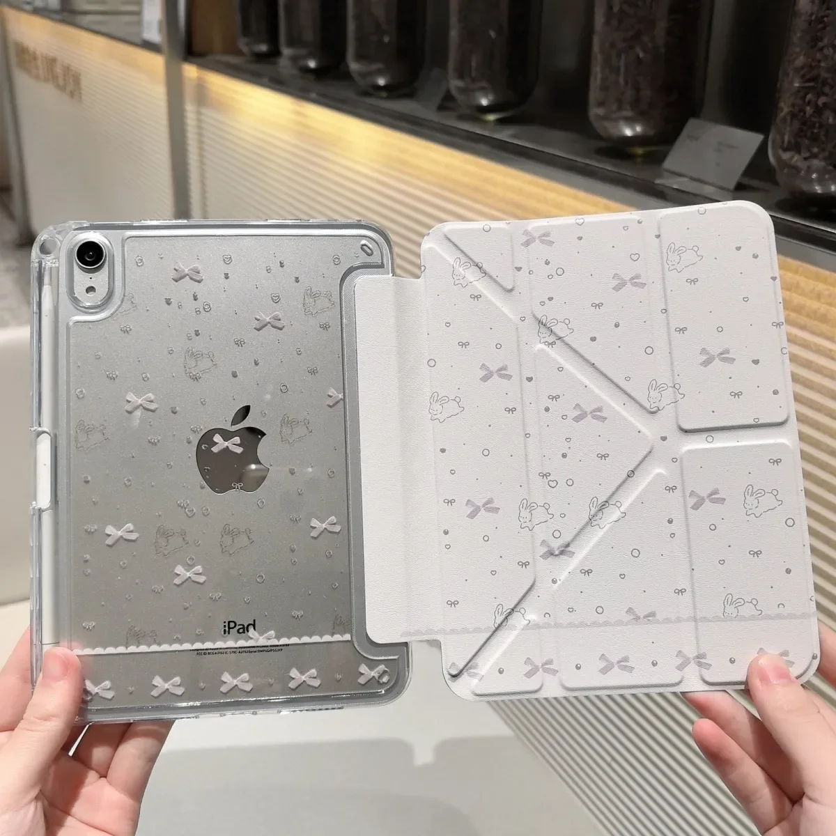 

Чехол для iPad в корейском стиле с милым мультяшным кроликом, бантом и кружевом, для iPad 10 9 8 7 Air 5 4 3 2 Pro 11 Mini, Y-образный, трехсекционный, складной чехол-книжка