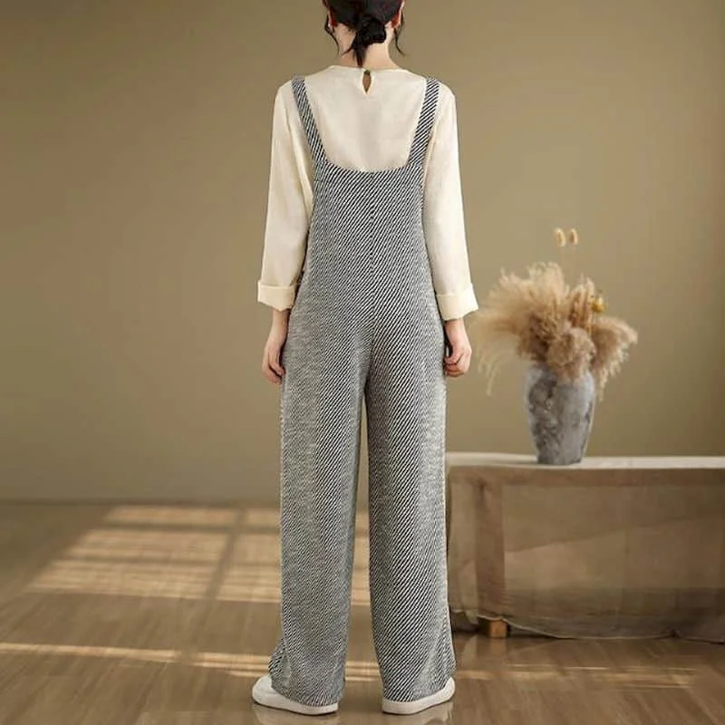 Striped Jumpsuits for Women Korean Style Straight Pants Loose Vintage Playsuits Casual Workwear Trousers Autumn Women Clothes